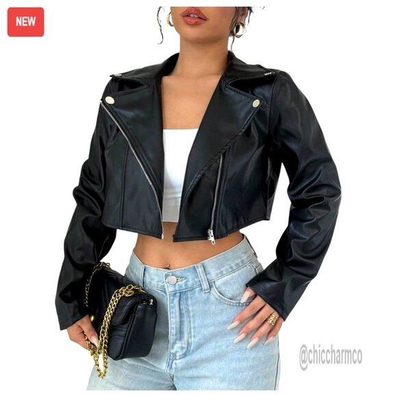 Women's PU Leather Cropped Motorcycle Jacket Zip Up with Pockets
